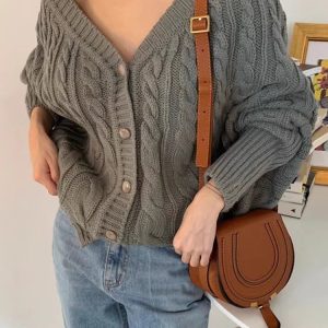 V-Neck Single-Breasted Y2K Aesthetic Hemp Pattern Cardigan Sweater for Cozy Outfits