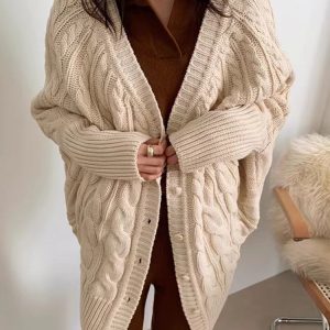 V-Neck Single-Breasted Y2K Aesthetic Hemp Pattern Cardigan Sweater for Cozy Outfits