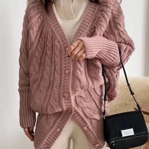 V-Neck Single-Breasted Y2K Aesthetic Hemp Pattern Cardigan Sweater for Cozy Outfits