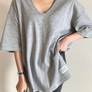 V-Neck Solid Color Pullover Tee - Essential Y2K Fashion Basic for Aesthetic Outfits