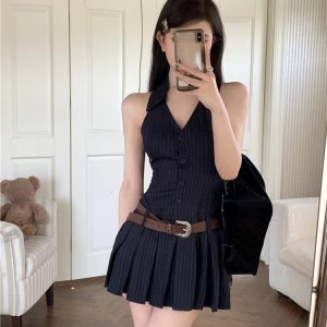 V-neck Striped A-line Mini Dress for Women - High Waist Pleated Y2K Summer Fashion