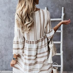 V-Neck Striped Dress with Lace Patchwork - Y2K Aesthetic Fashion Essential