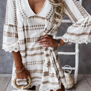 V-Neck Striped Dress with Lace Patchwork - Y2K Aesthetic Fashion Essential