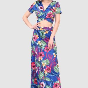 V-Neck Tied Back Leaf Print Two-Piece Dress - Y2K Aesthetic Floral Outfit for Trendy Looks