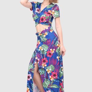 V-Neck Tied Back Leaf Print Two-Piece Dress - Y2K Aesthetic Floral Outfit for Trendy Looks