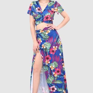 V-Neck Tied Back Leaf Print Two-Piece Dress - Y2K Aesthetic Floral Outfit for Trendy Looks