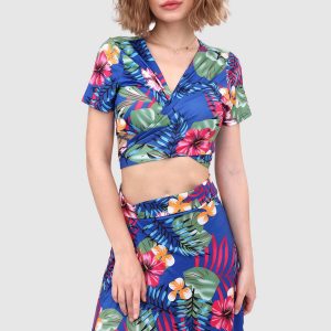 V-Neck Tied Back Leaf Print Two-Piece Dress - Y2K Aesthetic Floral Outfit for Trendy Looks