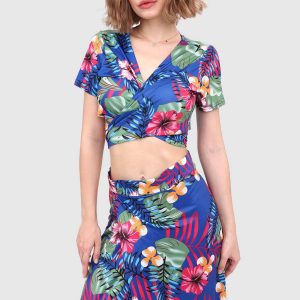 V-Neck Tied Back Leaf Print Two-Piece Dress - Y2K Aesthetic Floral Outfit for Trendy Looks