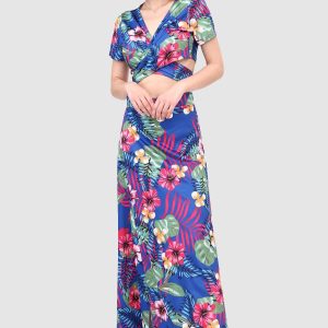 V-Neck Tied Back Leaf Print Two-Piece Dress - Y2K Aesthetic Floral Outfit for Trendy Looks