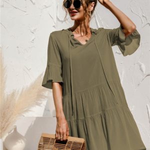 V-Neck Trumpet Sleeve Cake Style Dress - Y2K Aesthetic Fashion for Chic Outfits