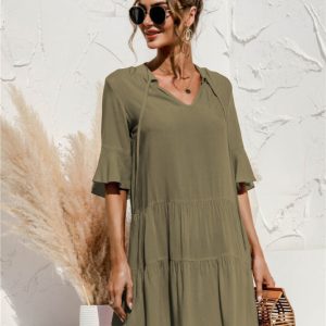 V-Neck Trumpet Sleeve Cake Style Dress - Y2K Aesthetic Fashion for Chic Outfits