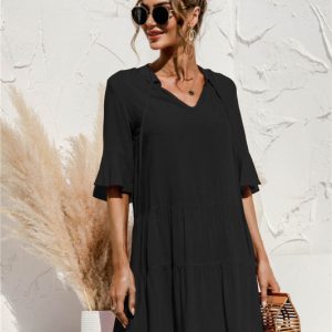 V-Neck Trumpet Sleeve Cake Style Dress - Y2K Aesthetic Fashion for Chic Outfits