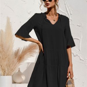 V-Neck Trumpet Sleeve Cake Style Dress - Y2K Aesthetic Fashion for Chic Outfits