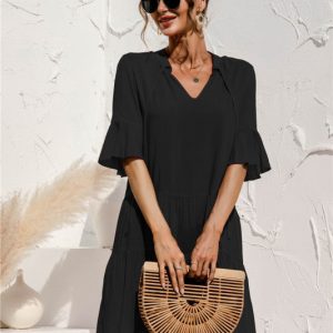 V-Neck Trumpet Sleeve Cake Style Dress - Y2K Aesthetic Fashion for Chic Outfits