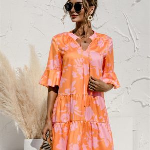 V-Neck Trumpet Sleeve Cake Style Dress - Y2K Aesthetic Fashion for Chic Outfits