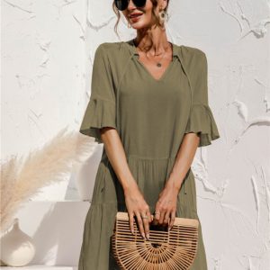 V-Neck Trumpet Sleeve Cake Style Dress - Y2K Aesthetic Fashion for Chic Outfits