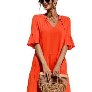 V-Neck Trumpet Sleeve Cake Style Dress - Y2K Aesthetic Fashion for Chic Outfits