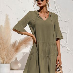 V-Neck Trumpet Sleeve Cake Style Dress - Y2K Aesthetic Fashion for Chic Outfits