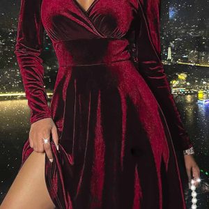 Velvet Deep V Neck Long Sleeve Mini Dress - Y2K Aesthetic Party Dress for Chic Nights