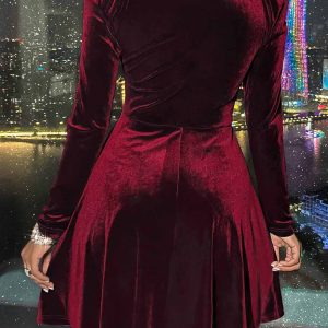 Velvet Deep V Neck Long Sleeve Mini Dress - Y2K Aesthetic Party Dress for Chic Nights