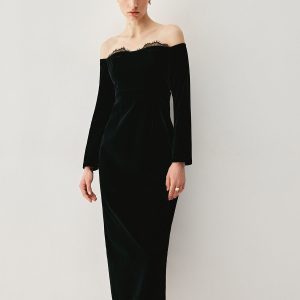 Velvet Off-Shoulder Patchwork Slit Midi Dress for Y2K Aesthetic and Coquette Style