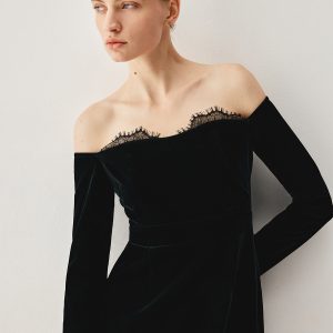 Velvet Off-Shoulder Patchwork Slit Midi Dress for Y2K Aesthetic and Coquette Style