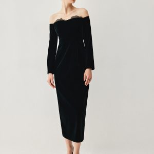 Velvet Off-Shoulder Patchwork Slit Midi Dress for Y2K Aesthetic and Coquette Style