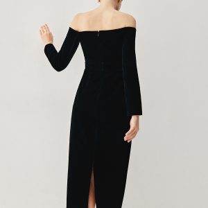 Velvet Off-Shoulder Patchwork Slit Midi Dress for Y2K Aesthetic and Coquette Style