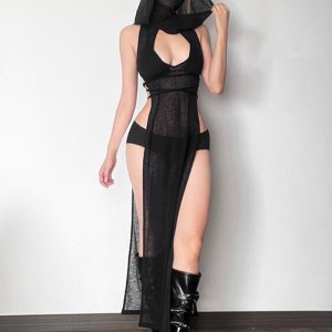 Venom Merchant Y2K Mesh Slit Dress with Hood for Edgy Grunge Aesthetic Style