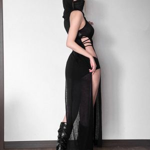 Venom Merchant Y2K Mesh Slit Dress with Hood for Edgy Grunge Aesthetic Style