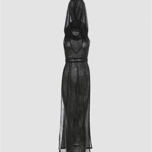 Venom Merchant Y2K Mesh Slit Dress with Hood for Edgy Grunge Aesthetic Style