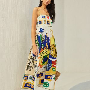 Vibrant Y2K Aesthetic All Over Print Multi-Color Cami Long Dress for Trendy Outfits