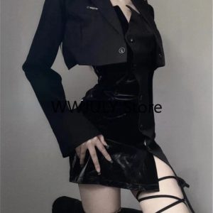 Vintage Black Blazer & Y2K Mini Dress Set - Elegant Gothic Fashion with Short Tops for Fall 2024