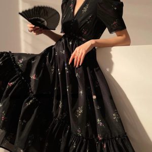 Vintage Black Floral Midi Dress - Short Sleeve French Elegant Beach Dress for Summer 2024