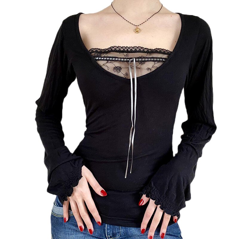 Vintage Black Long Sleeve Crop Top - Y2K Fashion Essential for Effortless Summer Outfits