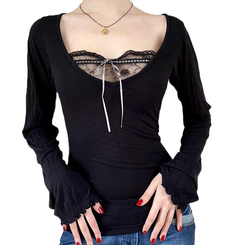 Vintage Black Long Sleeve Crop Top - Y2K Fashion Essential for Effortless Summer Outfits