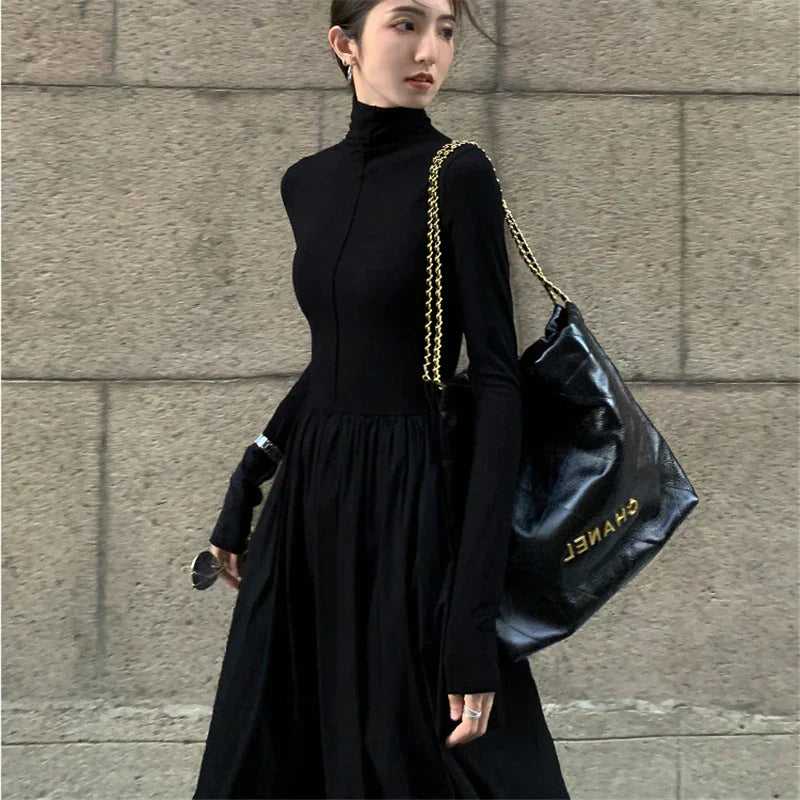 Vintage Black Midi Dress for Women - Long Sleeve High Collar Knitted Office Style