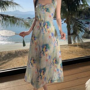 Vintage Blue Flower Backless Dress - Elegant Summer Vacation Bohemian Style for Parties