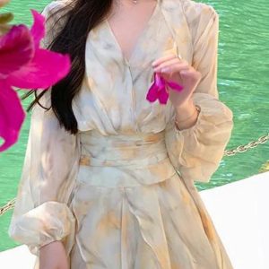 Vintage Chiffon Mini Dress for Women - Long Sleeve Puff Sleeve V Neck with Slim Folds, 2024 Spring/Summer Fashion