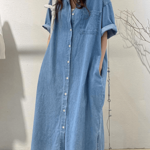 Vintage Denim Dress with Lapel and Pockets - Casual Y2K Aesthetic Style