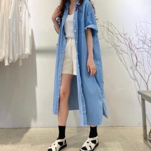 Vintage Denim Dress with Lapel and Pockets - Casual Y2K Aesthetic Style