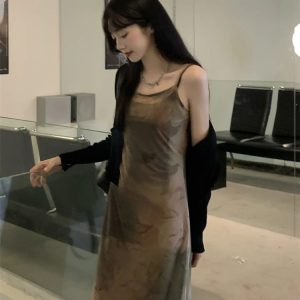 Vintage Double-Layer Mesh Printed Maxi Dress for Women - Grunge Gothic Spaghetti Strap Aesthetic Dress