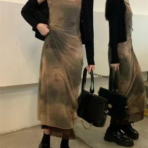 Vintage Double-Layer Mesh Printed Maxi Dress for Women - Grunge Gothic Spaghetti Strap Aesthetic Dress