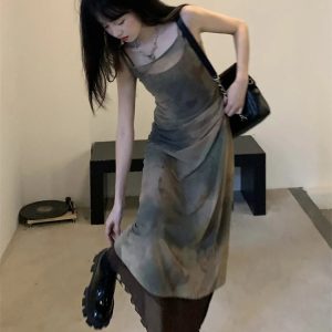 Vintage Double-Layer Mesh Printed Maxi Dress for Women - Grunge Gothic Spaghetti Strap Aesthetic Dress