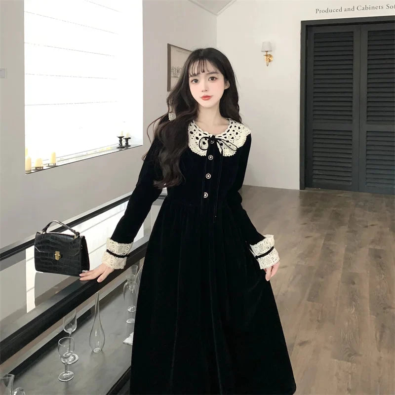 Vintage Elegant Long Velvet Dress for Women - Spring Fashion, Sweet Long Sleeve Casual Wear