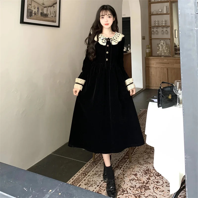 Vintage Elegant Long Velvet Dress for Women - Spring Fashion, Sweet Long Sleeve Casual Wear