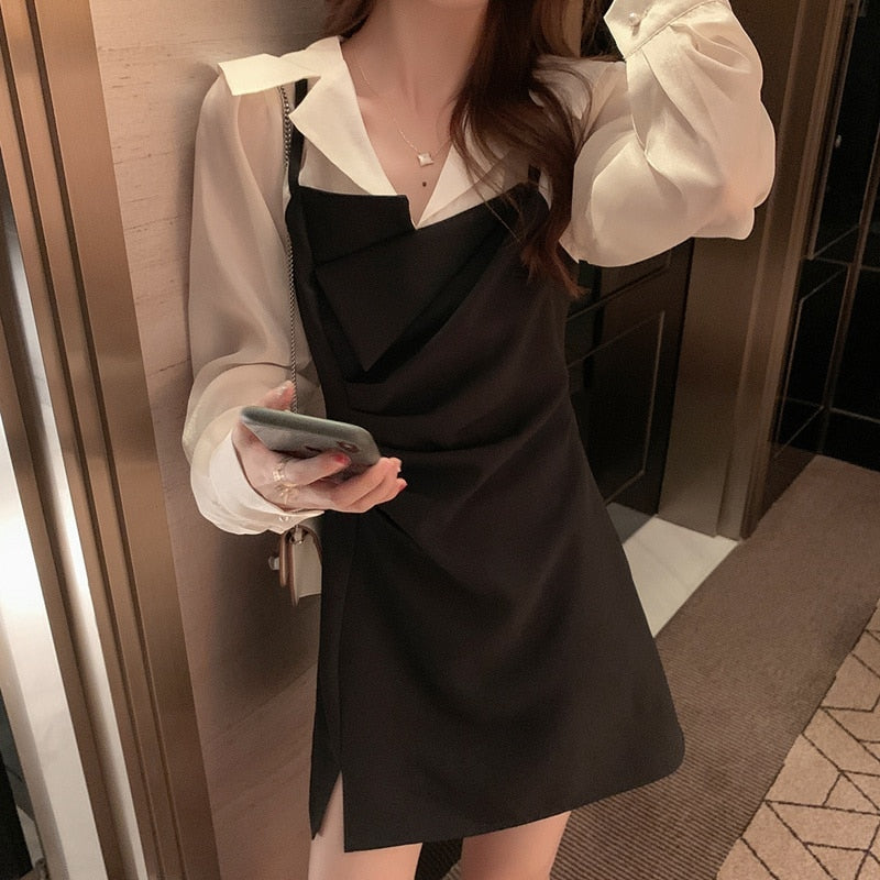 Vintage Elegant Patchwork Dress for Women - Long Sleeve Slim Fit Office Lady Dress