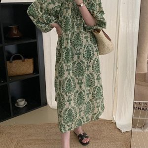 Vintage Floral Balloon Sleeve Dress with Round Neck - Y2K Aesthetic Charm