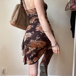 Vintage Floral Print Y2K Dress - Summer Street Style with Ruched Hem and Elegant Design