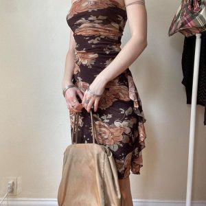 Vintage Floral Print Y2K Dress - Summer Street Style with Ruched Hem and Elegant Design